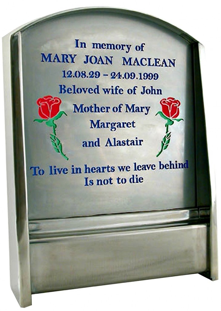 stainless light transmitting headstone Mary Joan Maclean ok