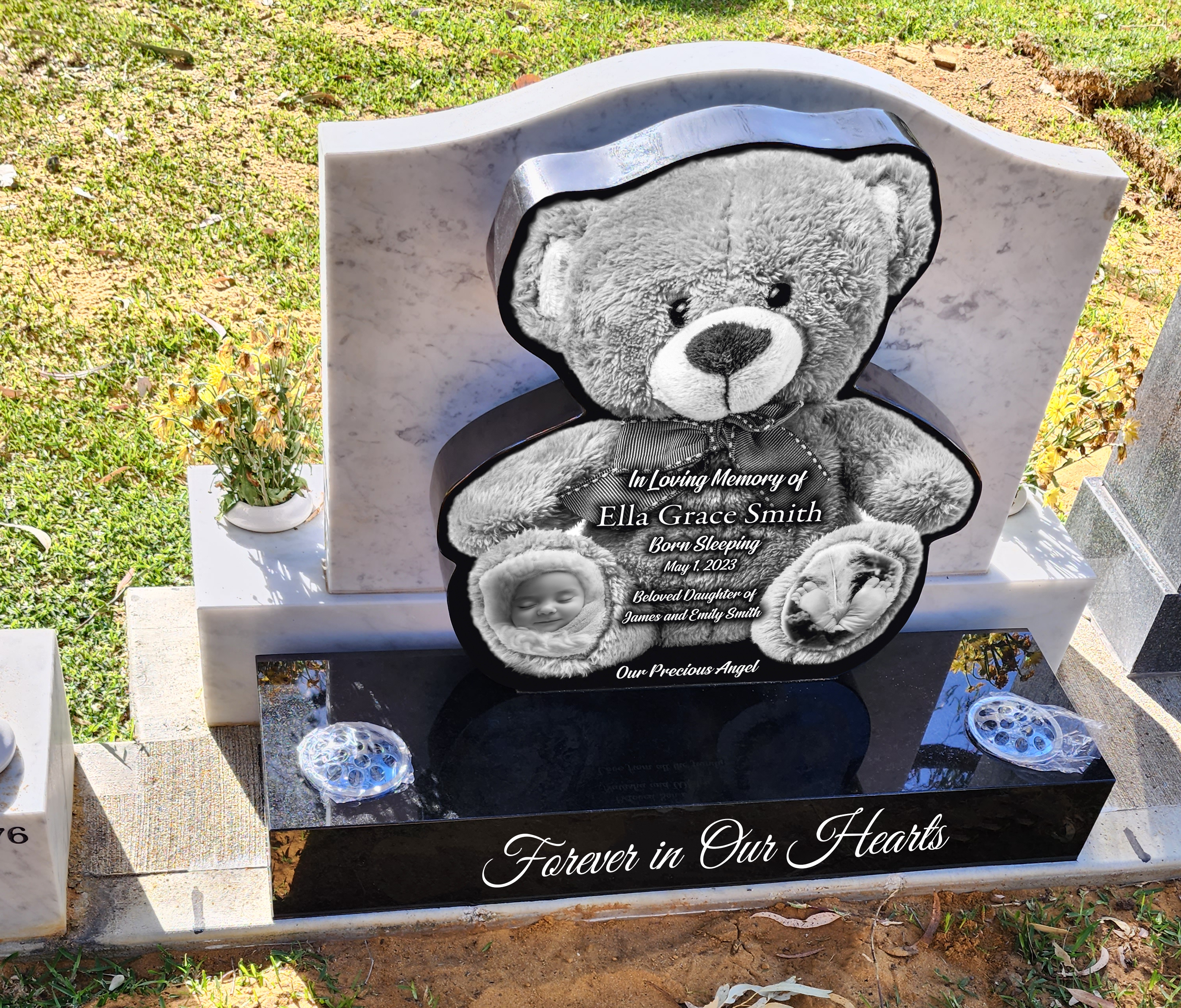 Teddy bear laser etched headstone on a granite monument by Forever Shining