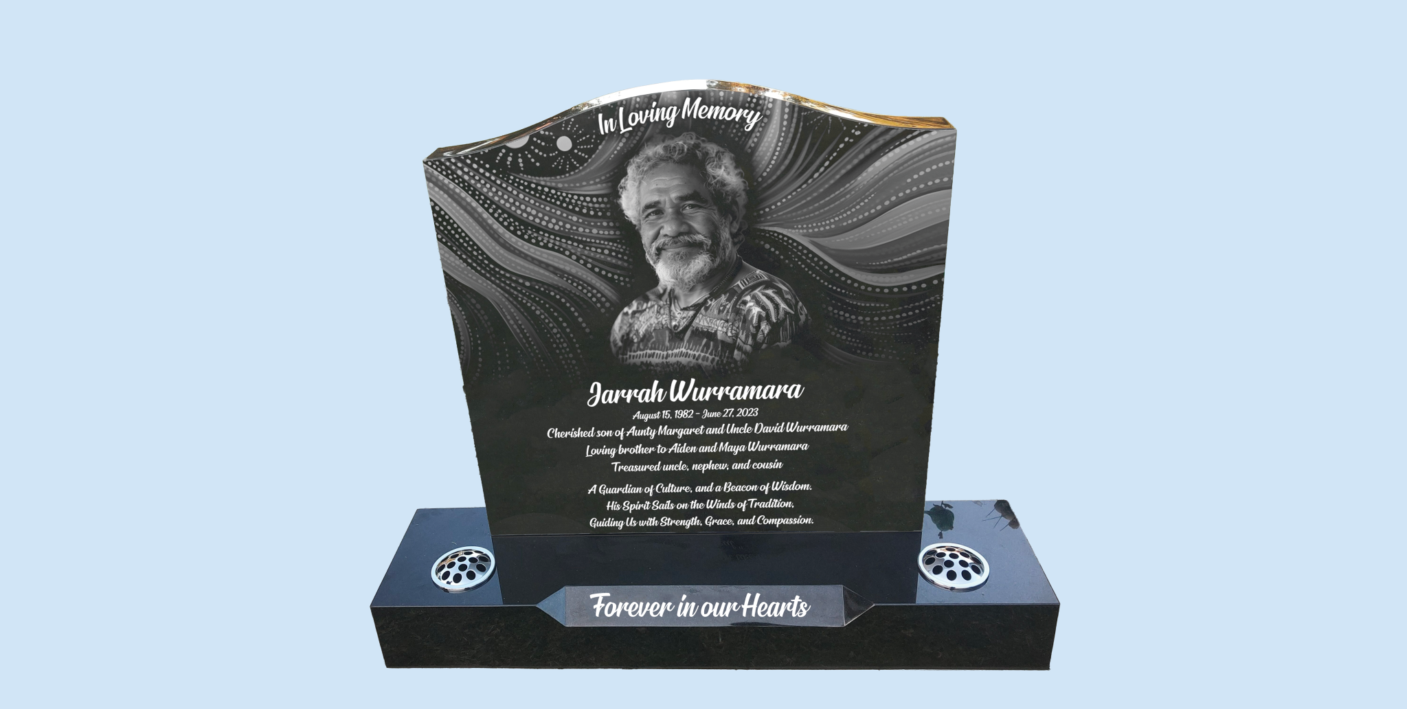 Laser etched black granite headstone design