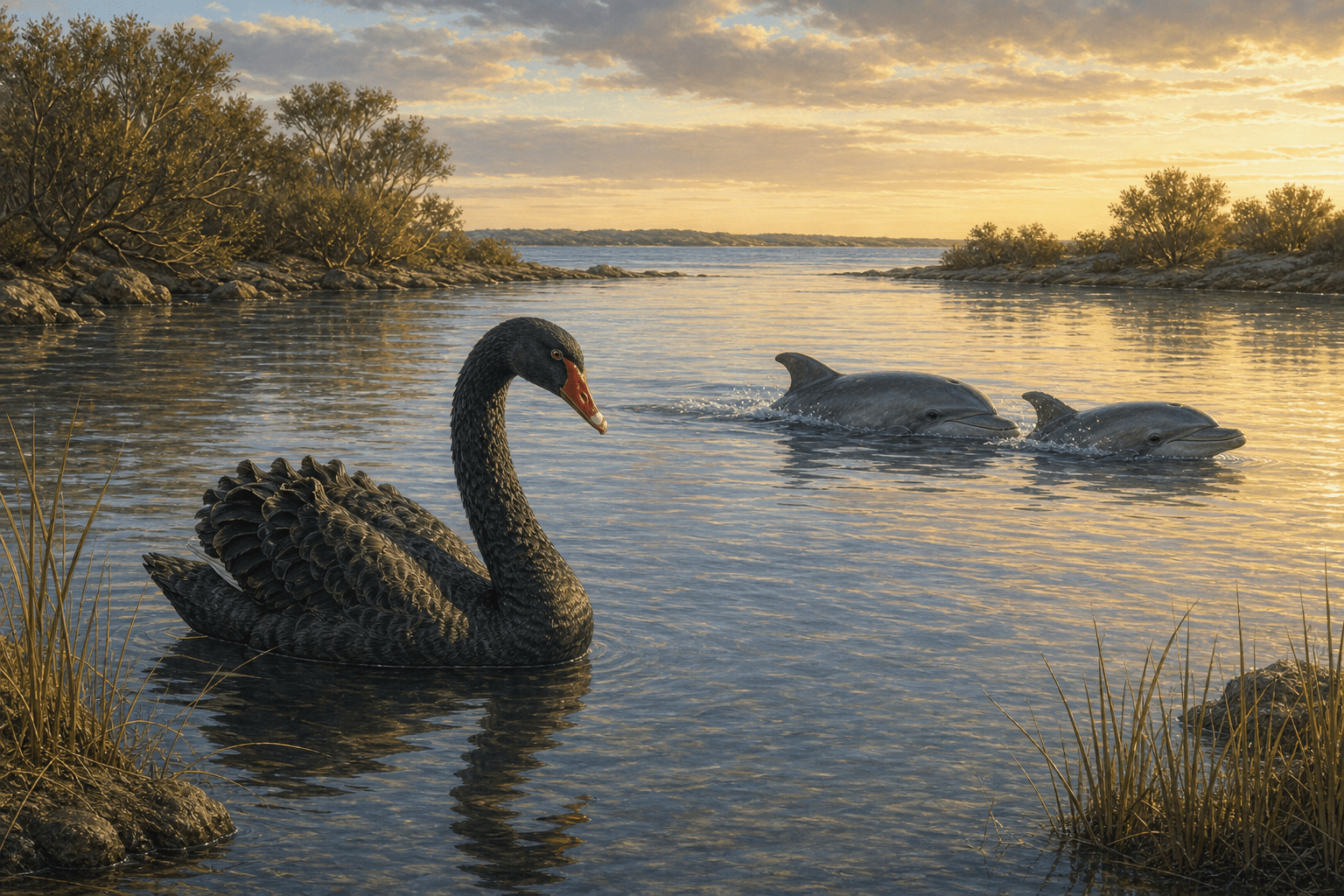 Black swan with two dolphins in a Western Australian estuary at golden hour