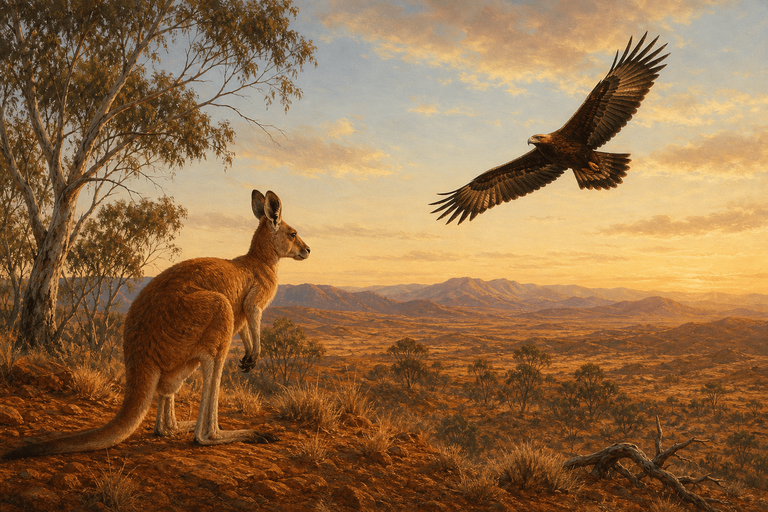 Kangaroo beneath a wedge-tailed eagle in a Western Australian landscape at dawn
