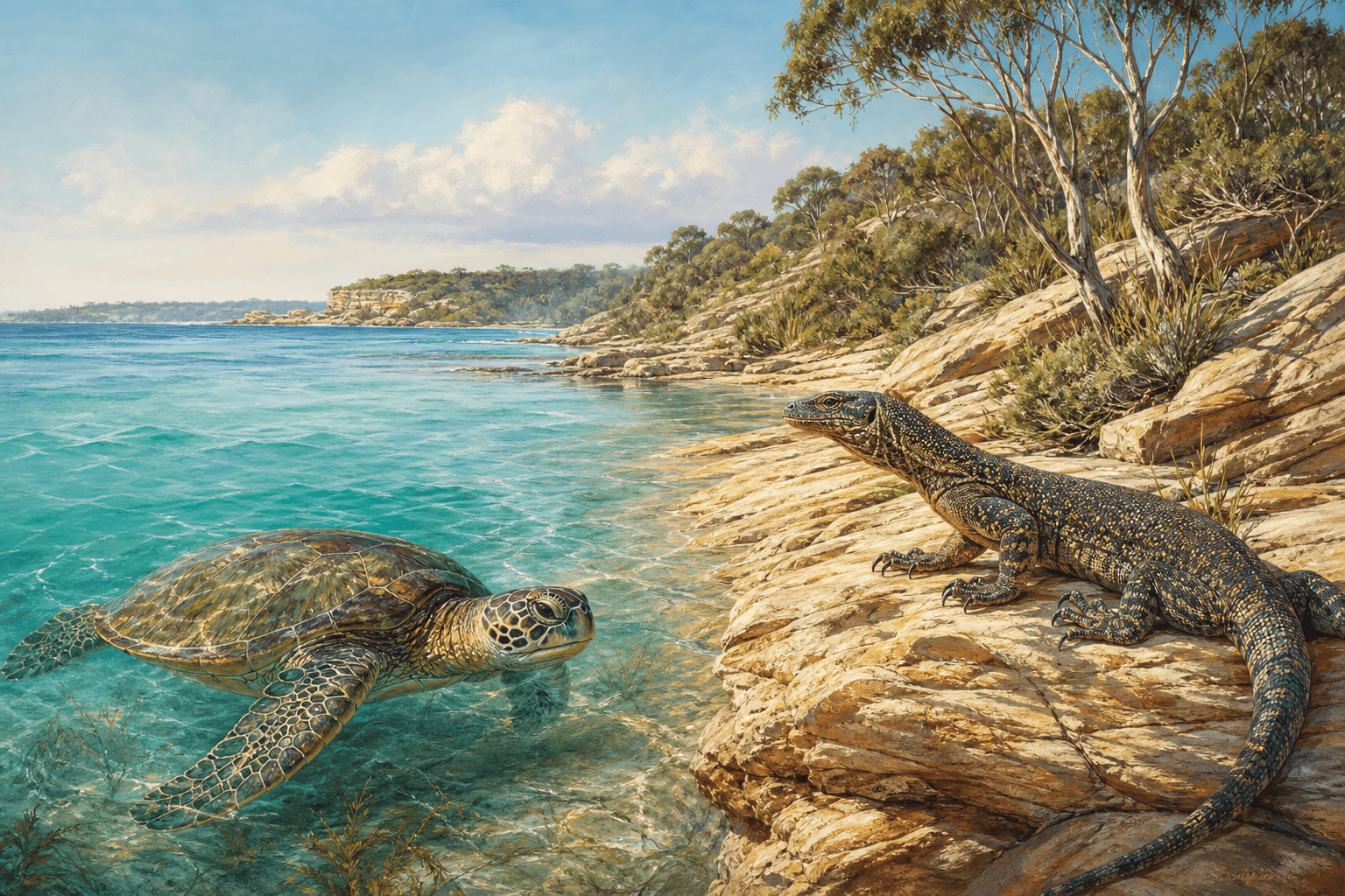 Sea turtle beside a goanna in an Australian coastal and bush landscape