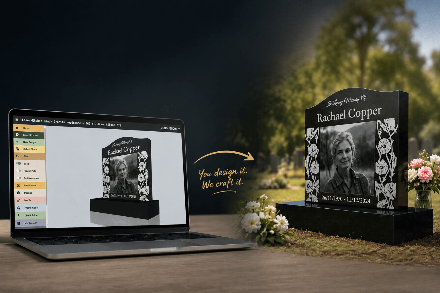 Design a laser etched black granite headstone online, then Forever Shining crafts the real memorial in Perth