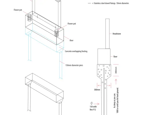 Headstone and base installation drawing showing concrete footing, 150mm piers and stainless steel dowel fixings